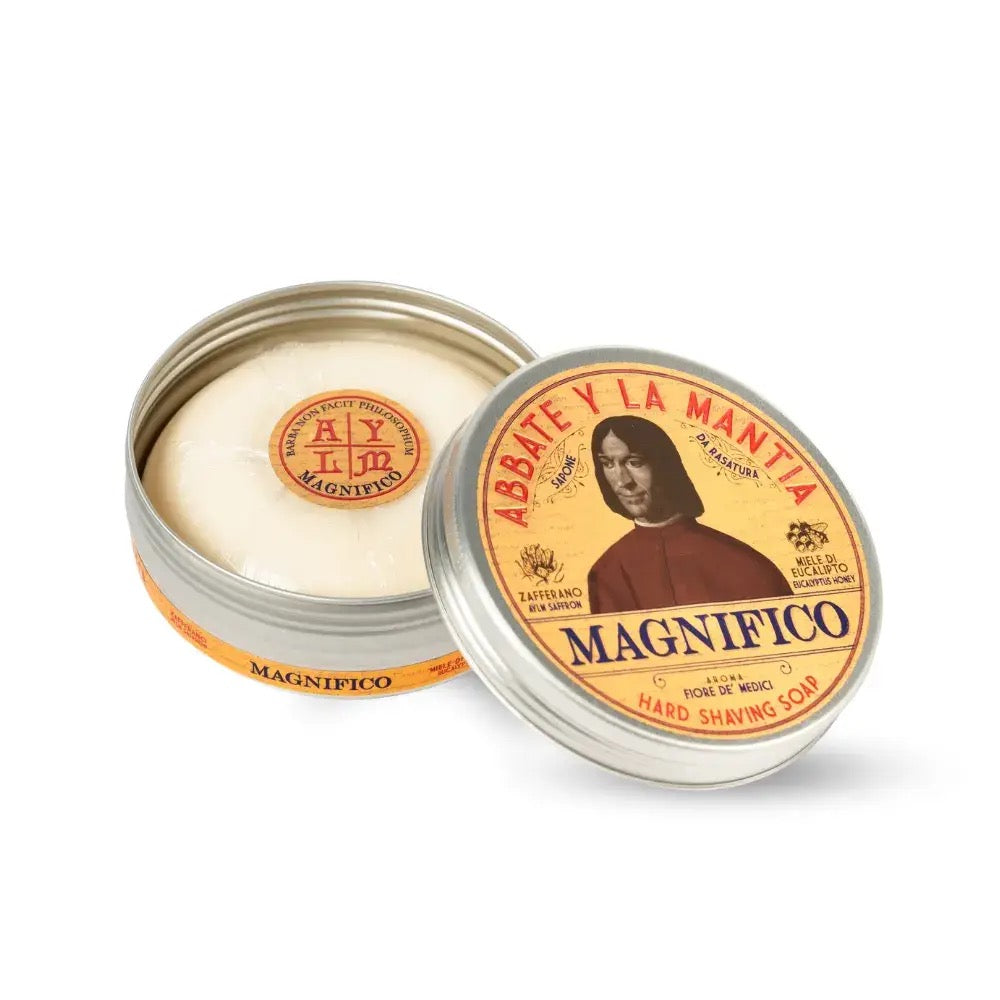 Abbate y La Mantia Magnifico hard shaving soap in a metal tin on a white background