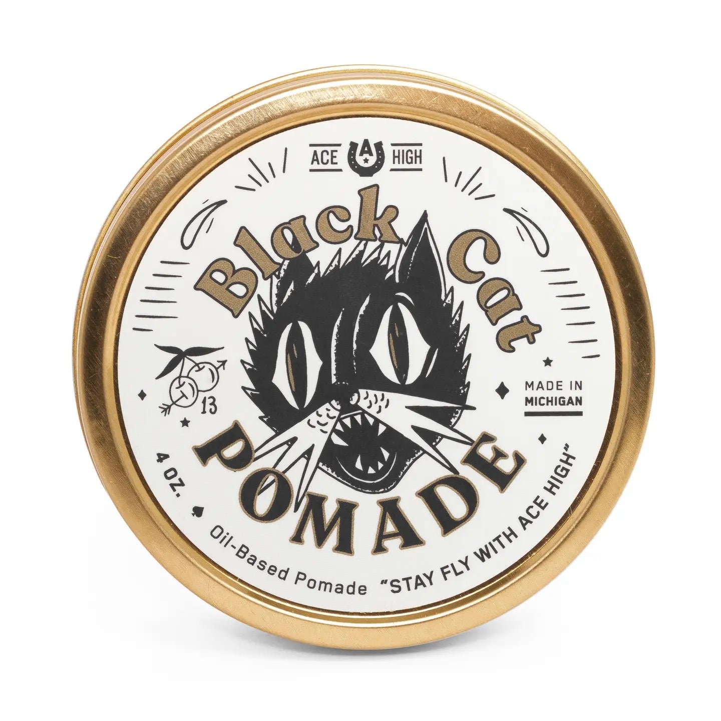 Black Cat Pomade container with gold lid on a white background