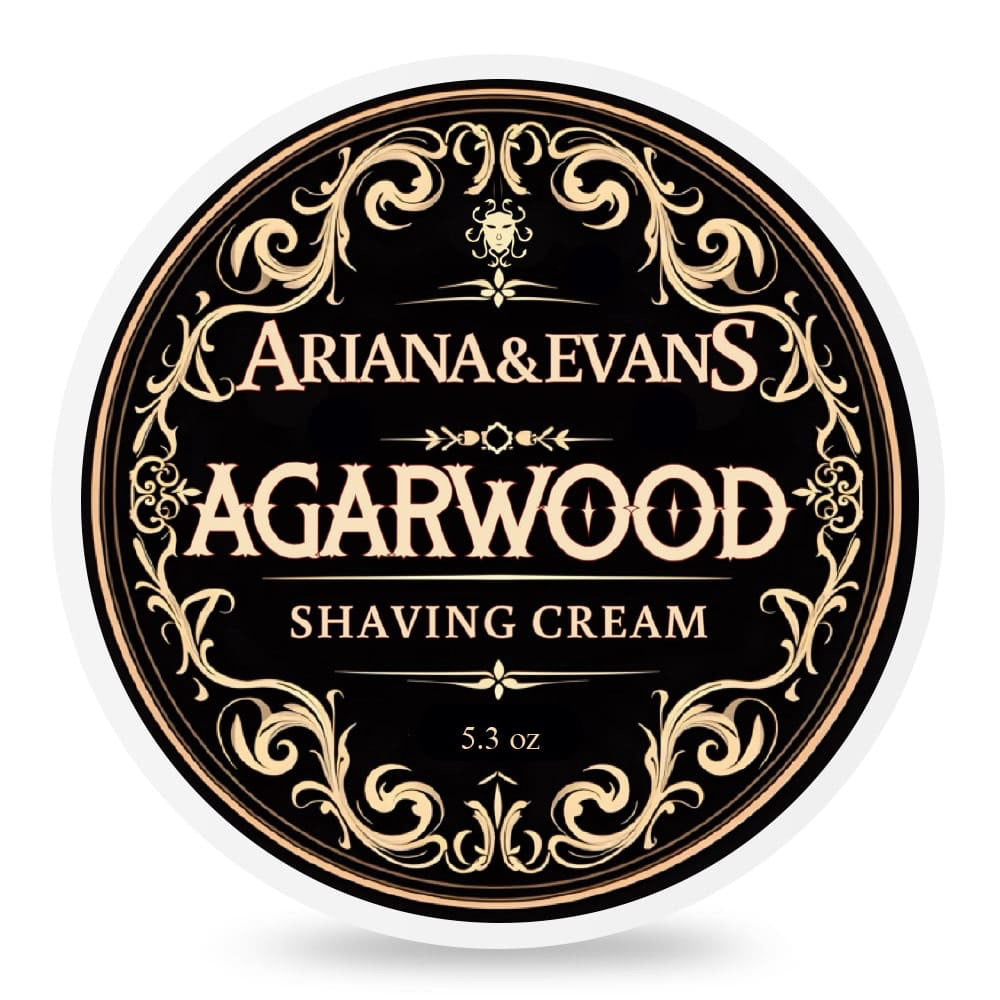 Ariana & Evans Agarwood Shaving Cream container with decorative gold text on a black background