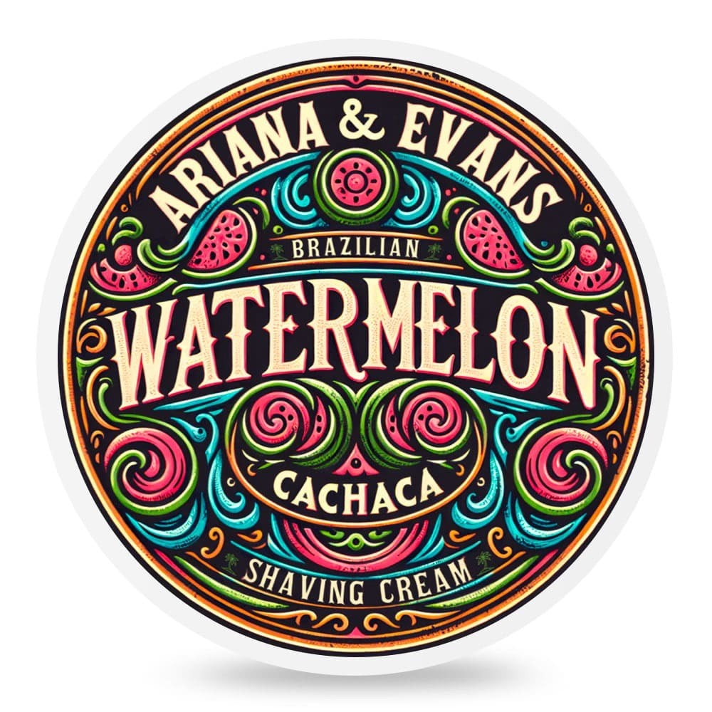 Colorful label for Ariana & Evans Brazilian Watermelon Cachaca Shaving Cream