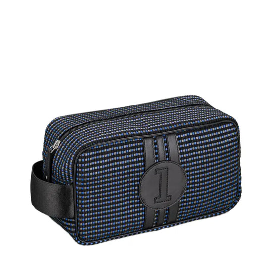 E2R Paris Toiletry Bag in Upcycled Canvas and Leather Black, Grey and Blue  leather stripes