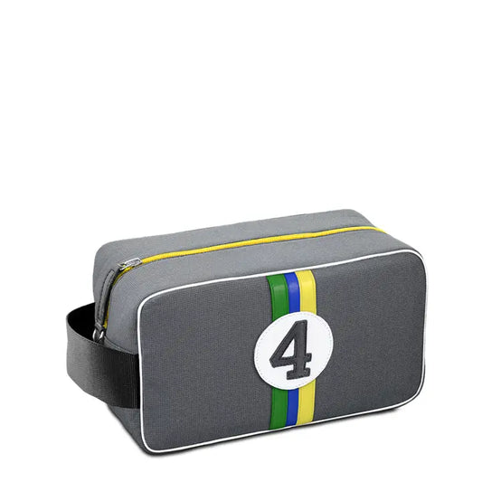 E2R Paris Toiletry Bag in Upcycled Canvas and Leather Brazilian Colours  with leather stripes