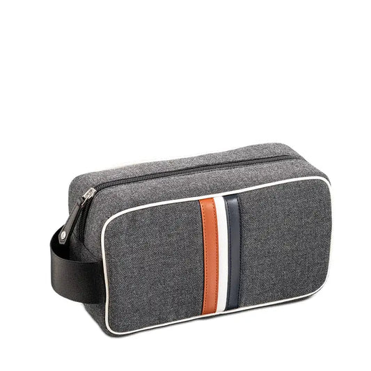 E2R Paris Toiletry Bag in Upcycled Canvas and Leather  Grey with leather stripes