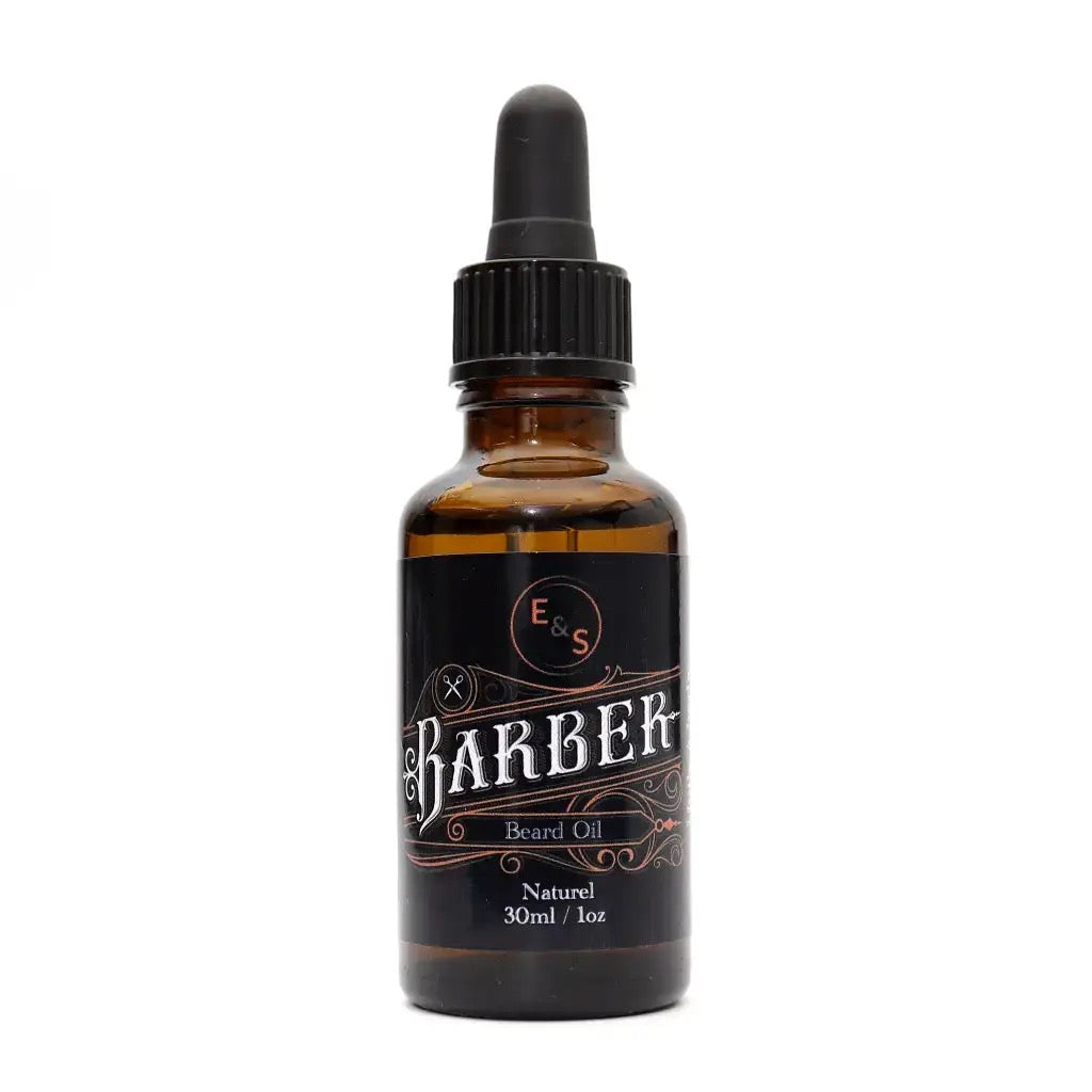 Bottle of E&S Barber Beard Oil on a white background