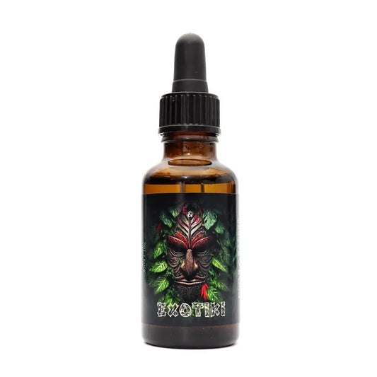 Bottle of Exotiki liquid with a dropper on a white background