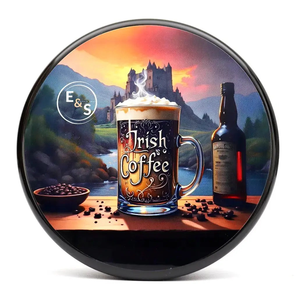 Decorative coaster with Irish coffee design featuring a castle and sunset.