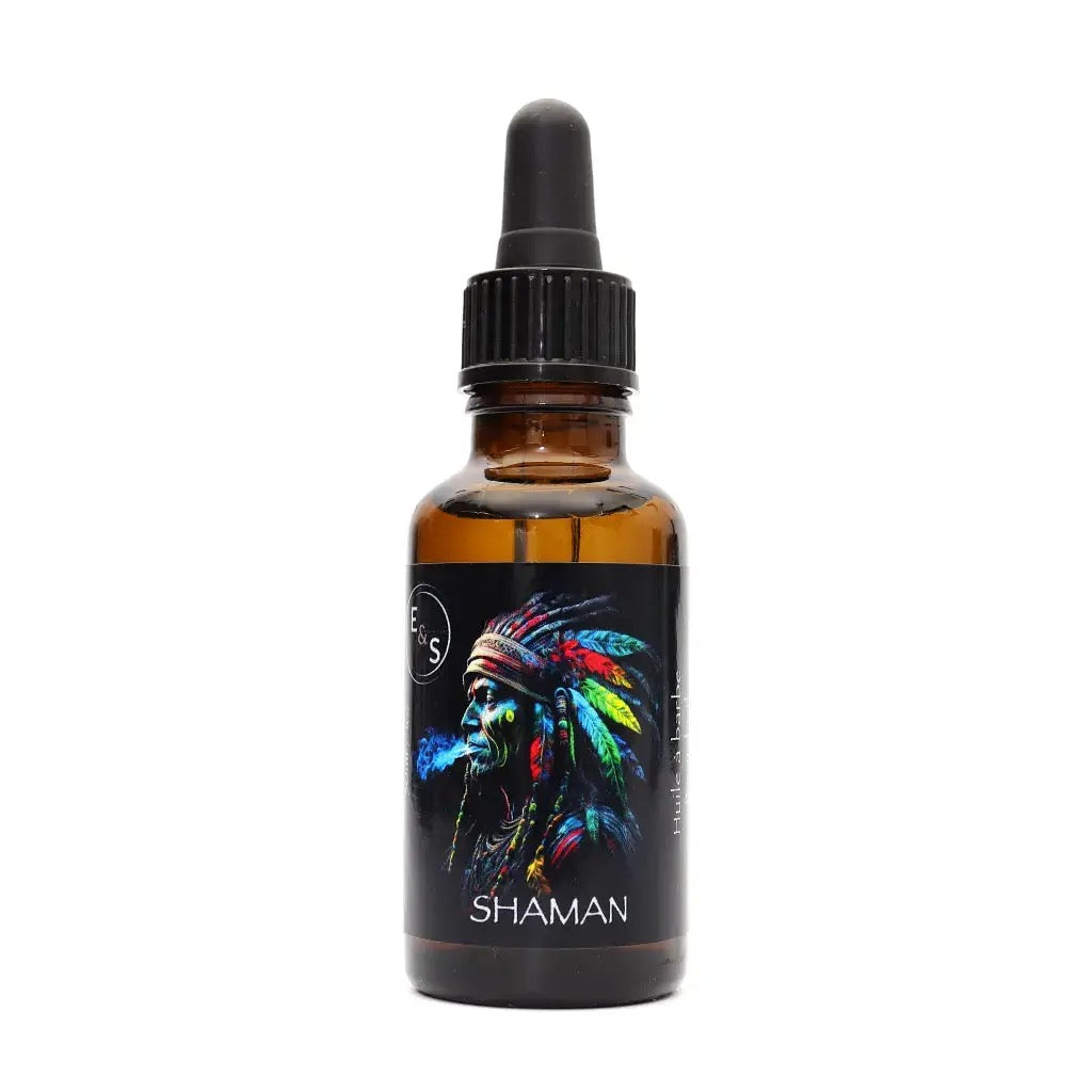 Bottle labeled 'Shaman' with a colorful design on a white background