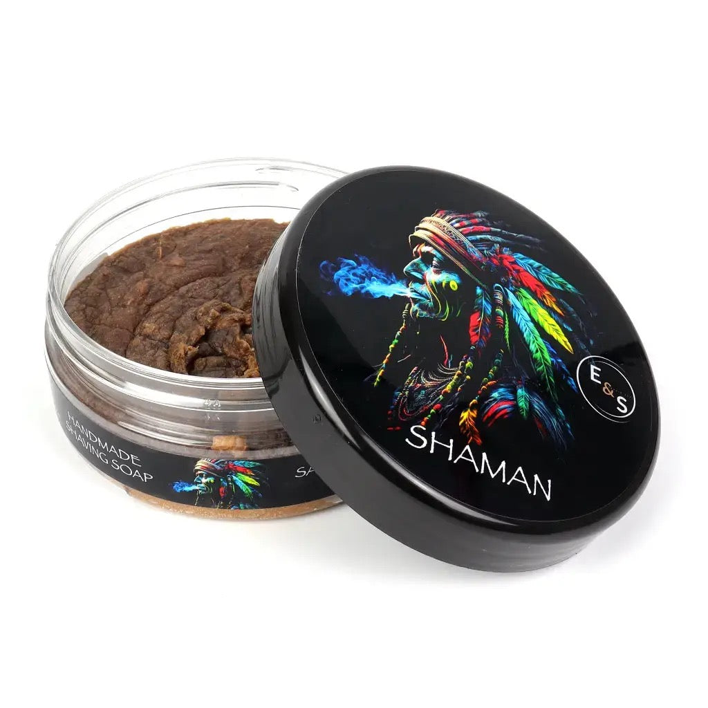 Jar of cannabis with a colorful 'Shaman' lid on a white background
