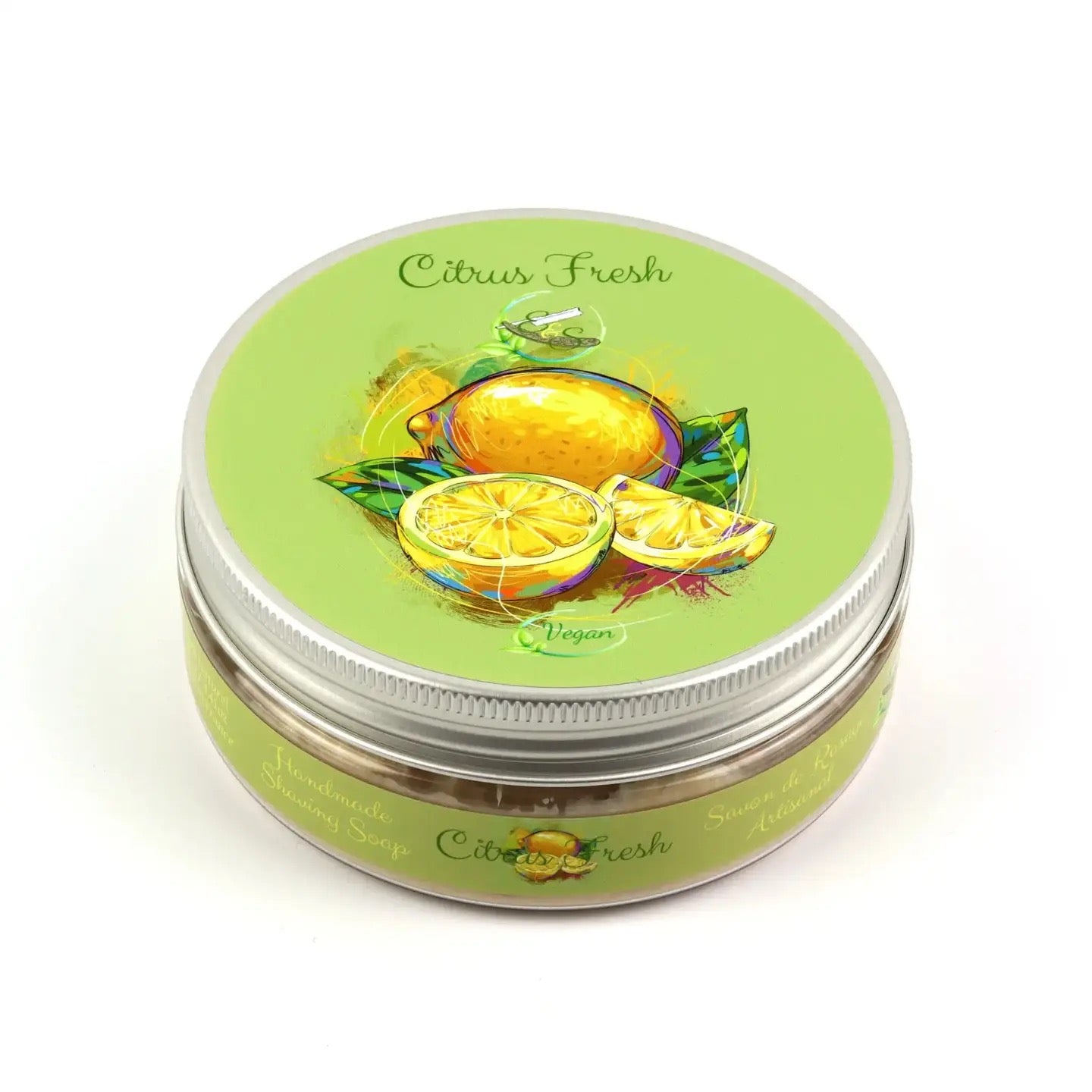 Jar of Citrus Fresh soap with lemon design on a white background