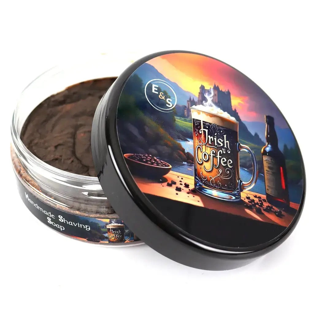 Shaving soap container with 'Irish Coffee' design on the lid