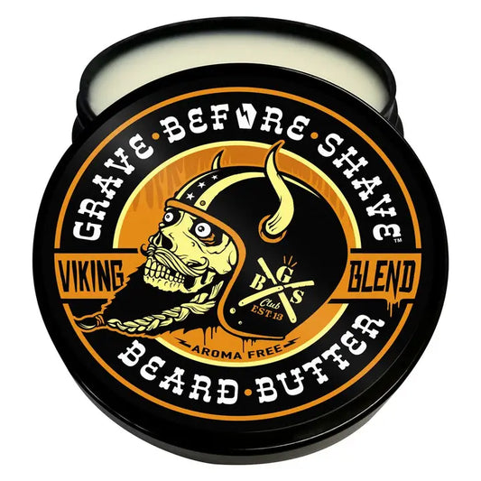 Beard butter container with 'Grave Before Shaves' branding on a white background