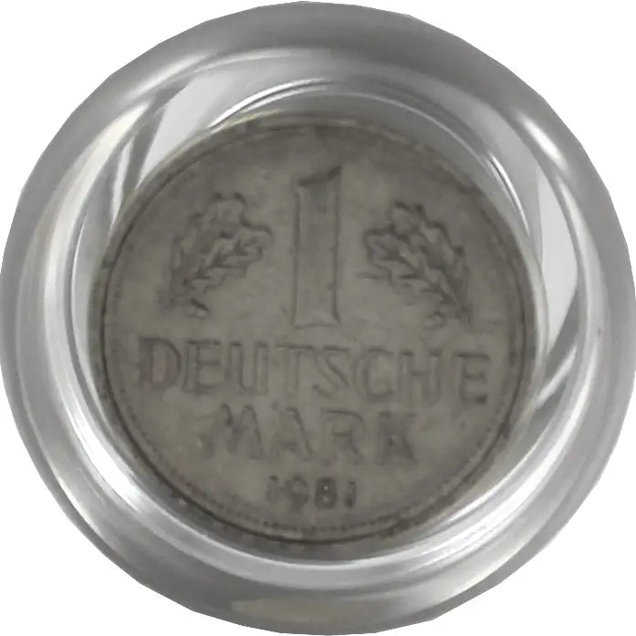 Silver coin with '1 Deutsche Mark 1981' text in a protective holder.