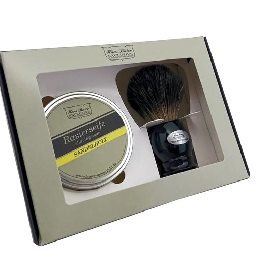 Shaving brush and soap set in a branded box