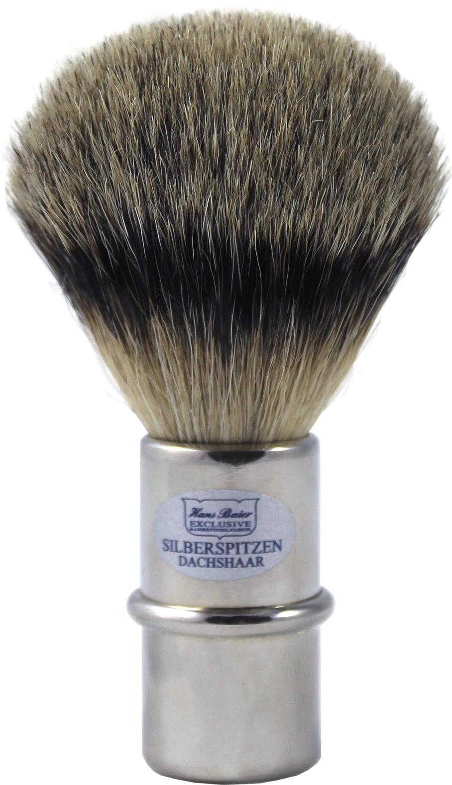 Shaving brush with silver handle and black bristles on a white background