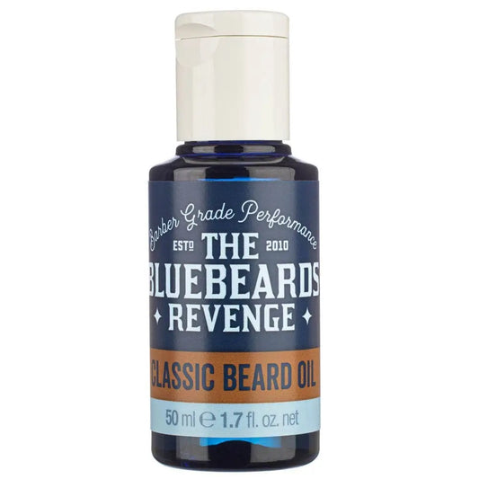 Bottle of The Bluebeards Revenge Classic Beard Oil on a white background