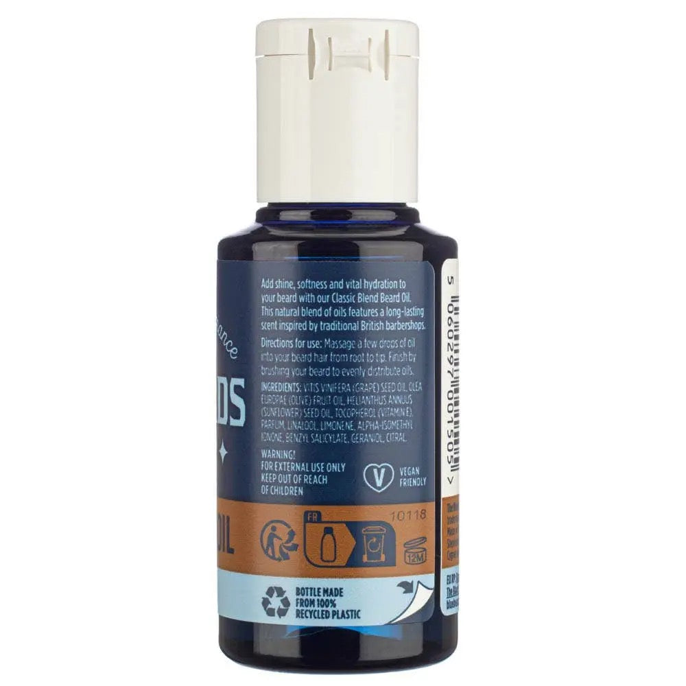 Bottle of barbershop oil with label on a white background