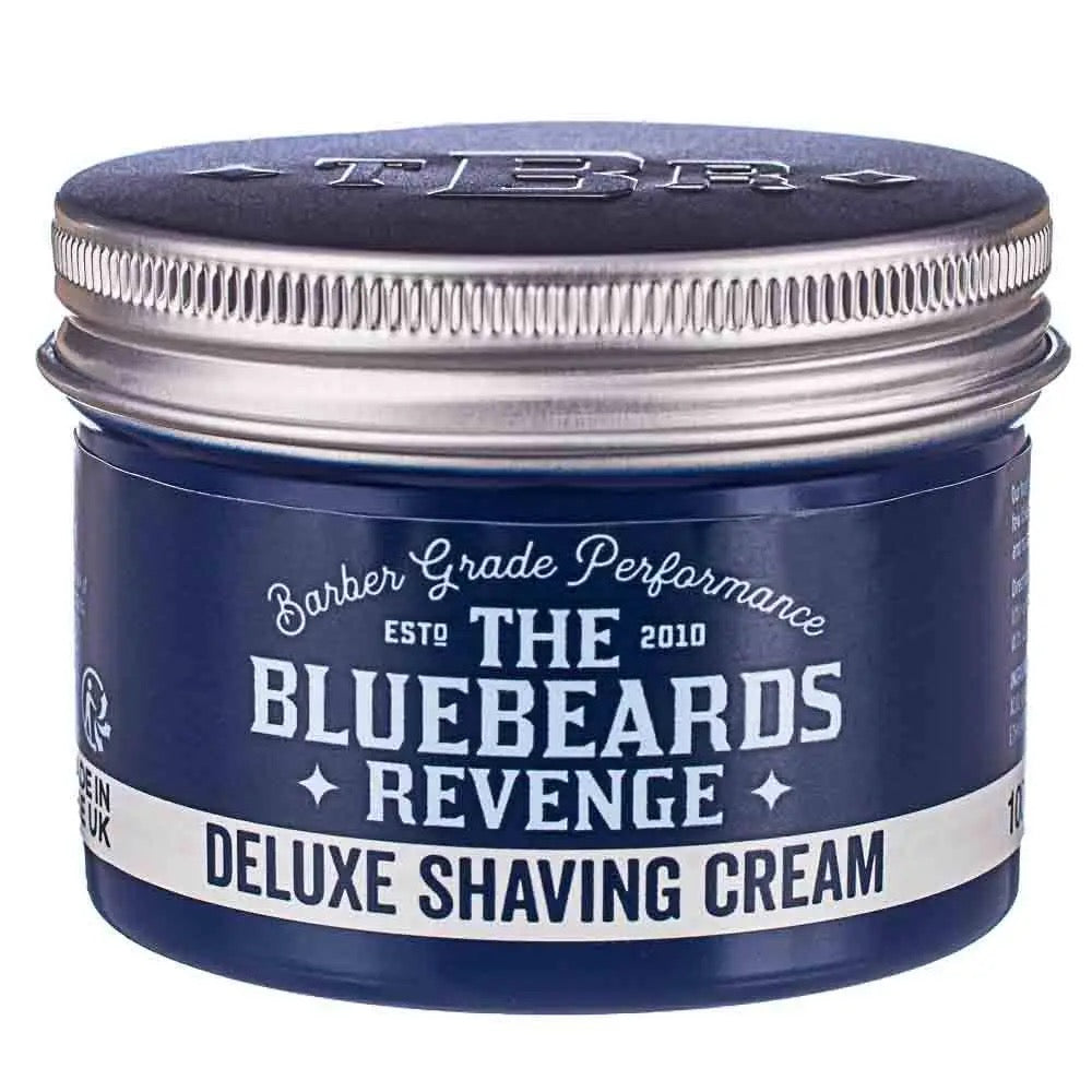 Bluebeards Revenge deluxe shaving cream jar with blue lid on a white background