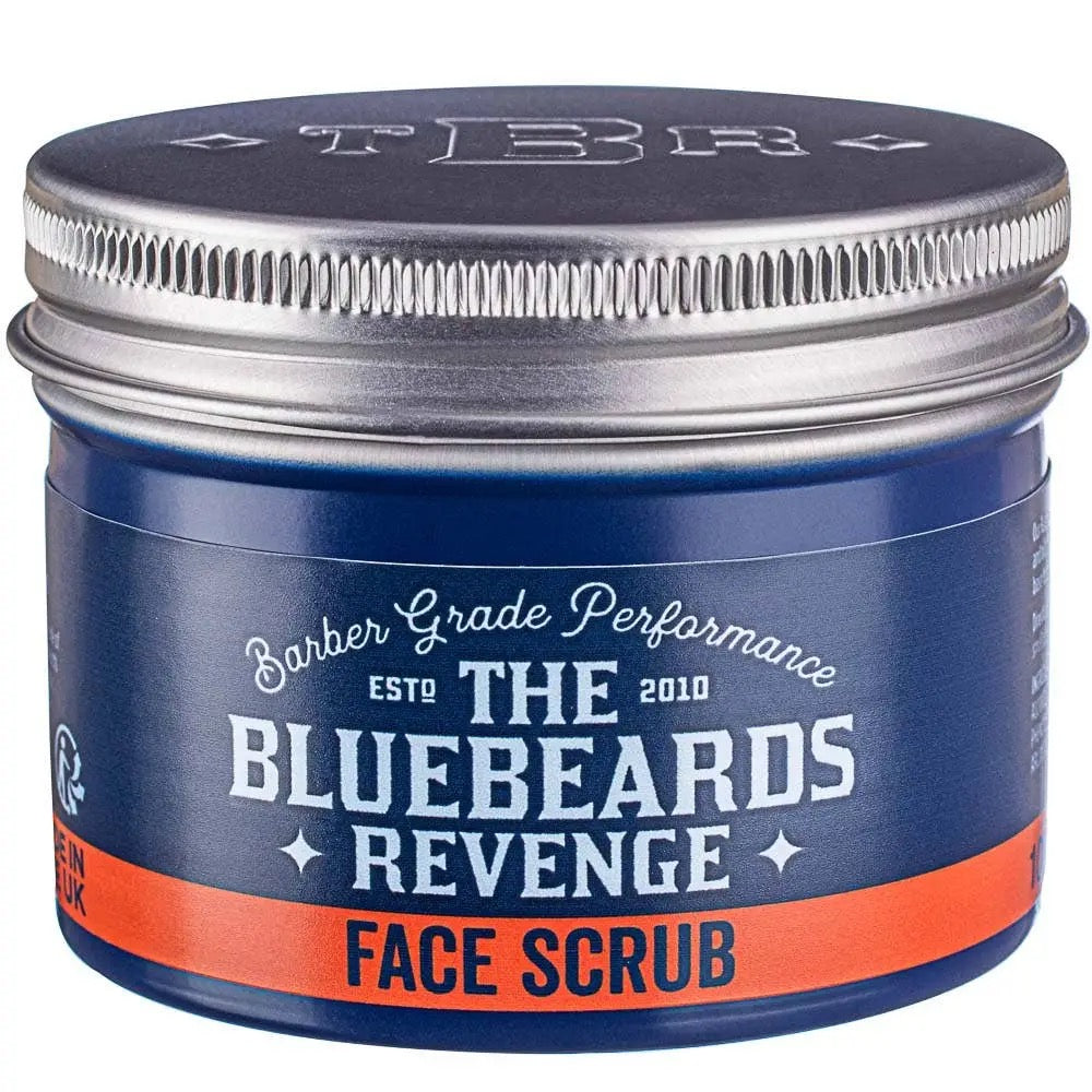Bluebeards Revenge face scrub jar with blue and red design