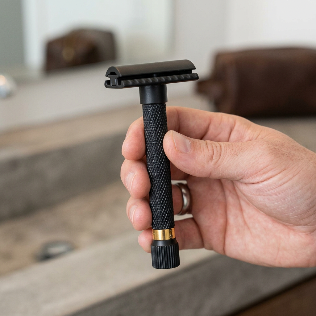 Black and gold razor held in a man's hand