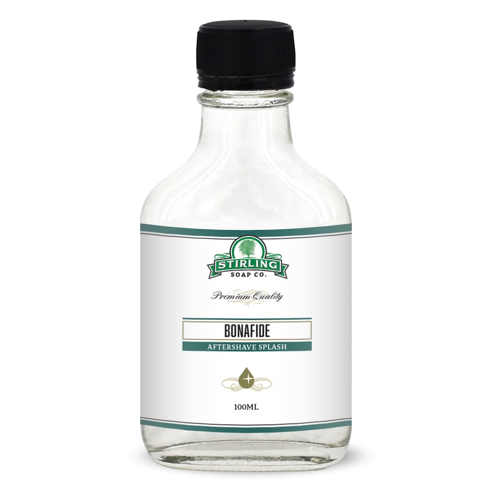 A 100ml clear glass bottle of Euphoric Soap Co. Bonafide Aftershave Splash with a white label and a black cap, shown on a white background.