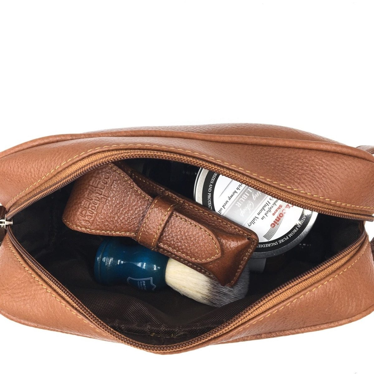 Parker Large Leather Toiletry Bag (Saddle Brown) - Shaving Time