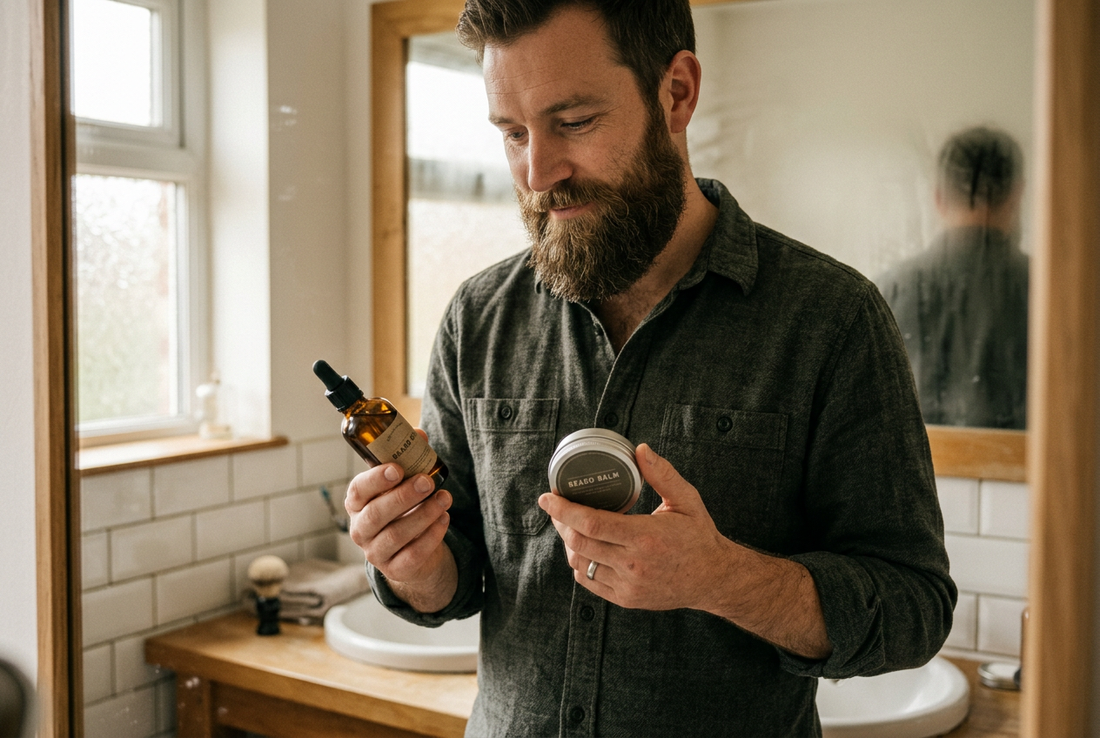 Bearded man looking at a beard balm tin in one hand and a beard oil bottle in the other