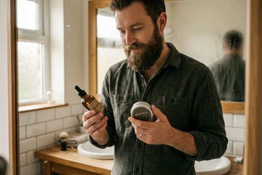 Bearded man looking at a beard balm tin in one hand and a beard oil bottle in the other