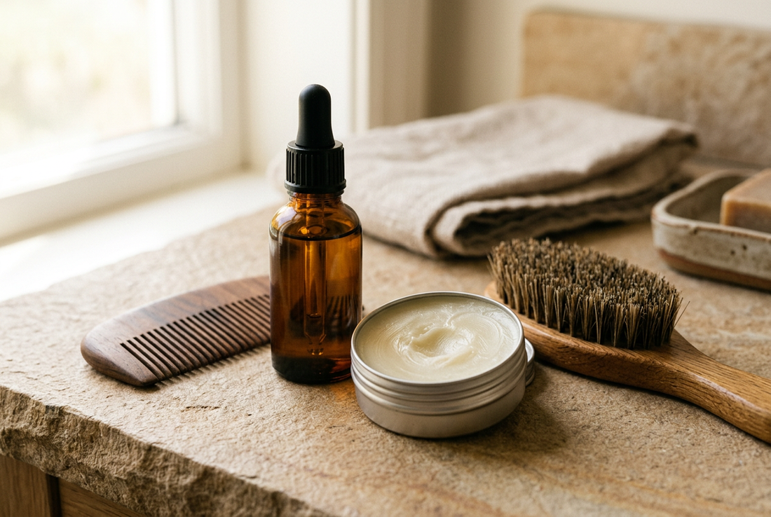 beard oil bead balm beard brush on a table