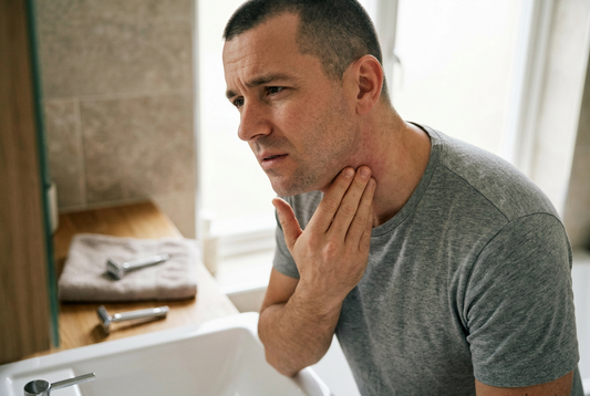 photo of a freshly shaved man gently touching his neck, with mild discomfort on his face.