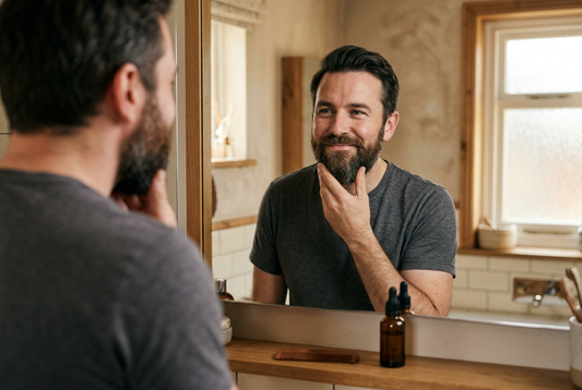  man admiring his beard in a bathroom mirror.