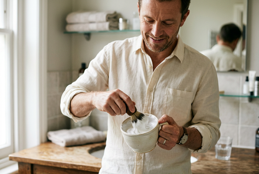 Illustration of a man building shaving lather with a brush in a ceramic cup