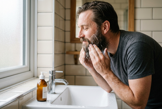  man washing his beard to go with this guide.