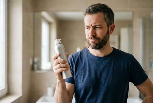 man holding a can of shaving foam with a mildly unimpressed expression.