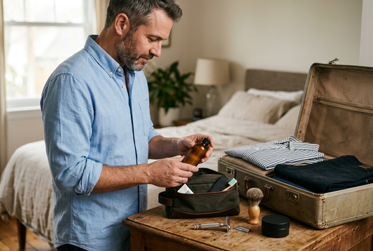man packing his wash bag for a trip, with his shaving kit beside an open suitcase.