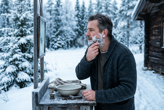 wintry shaving scene with a man lathering up in a frosty setting.