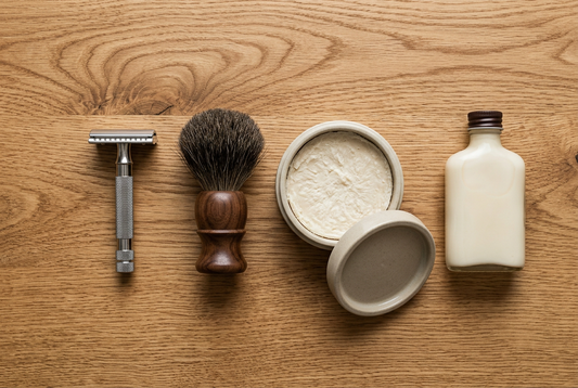 Styled on warm oak in landscape format, with plain packaging and no text, prices or branding.