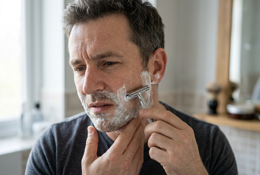 Illustration of a man experiencing discomfort while shaving with a safety razor
