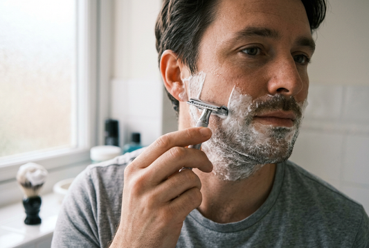 Close-up illustration of wet shaving with a double edge safety razor