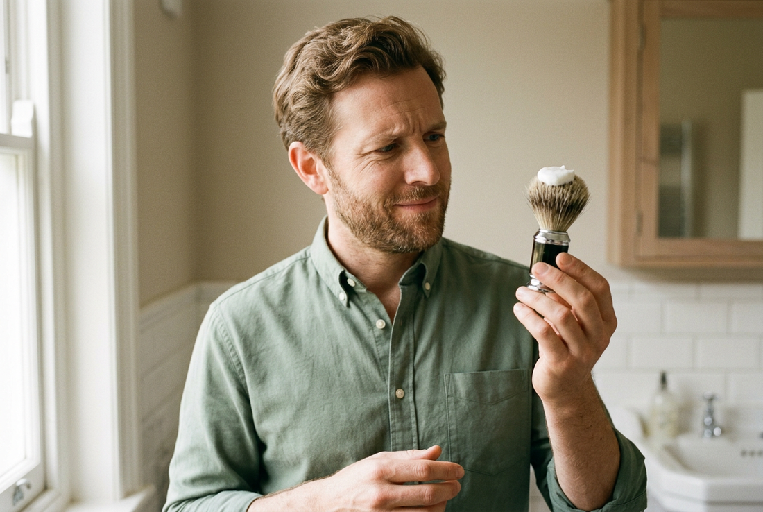 Illustration of a man looking puzzled while holding a shaving brush