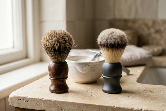 Illustrative comparison of natural-style and synthetic-style shaving brushes
