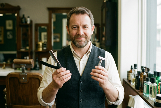 Illustration of a man presenting a cut-throat razor and a double edge safety razor