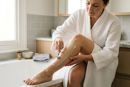 Woman shaving her lower leg with a traditional safety razor and shaving lather in a bathroom