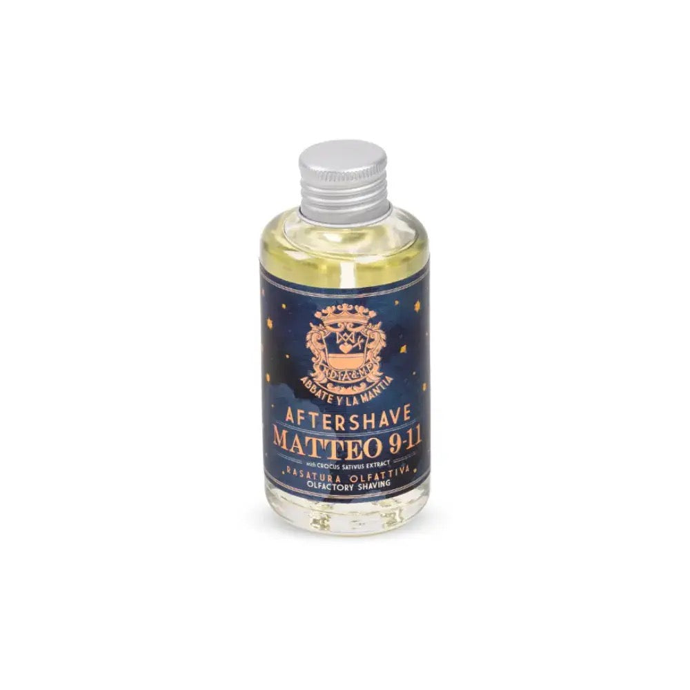 Bottle of aftershave labeled 'Matteo 9-11' on a white background
