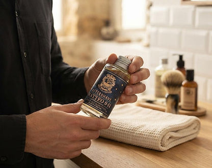 A man holds a small glass bottle of Vitello D'Or shaving soap in a warm, rustic bathroom setting with a folded towel on the counter.