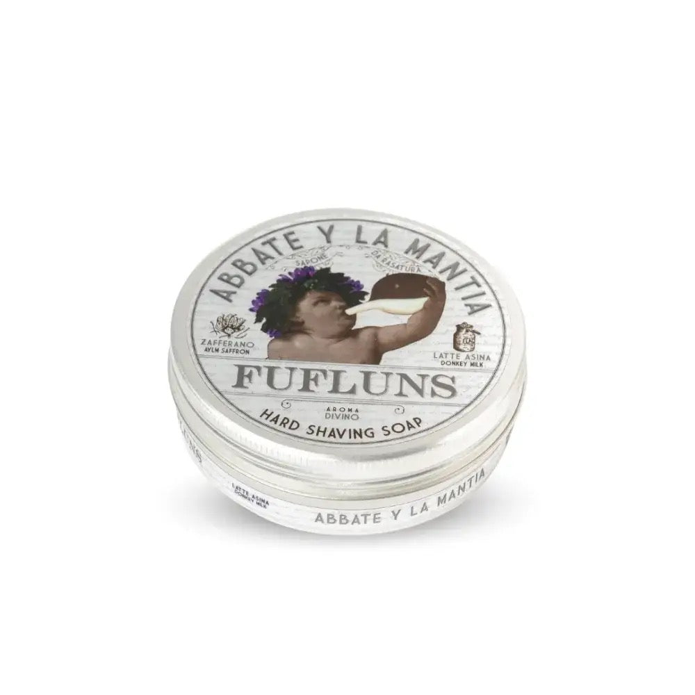 Jar of Abbate y La Mantia Ffuluns hard shaving soap on a white background
