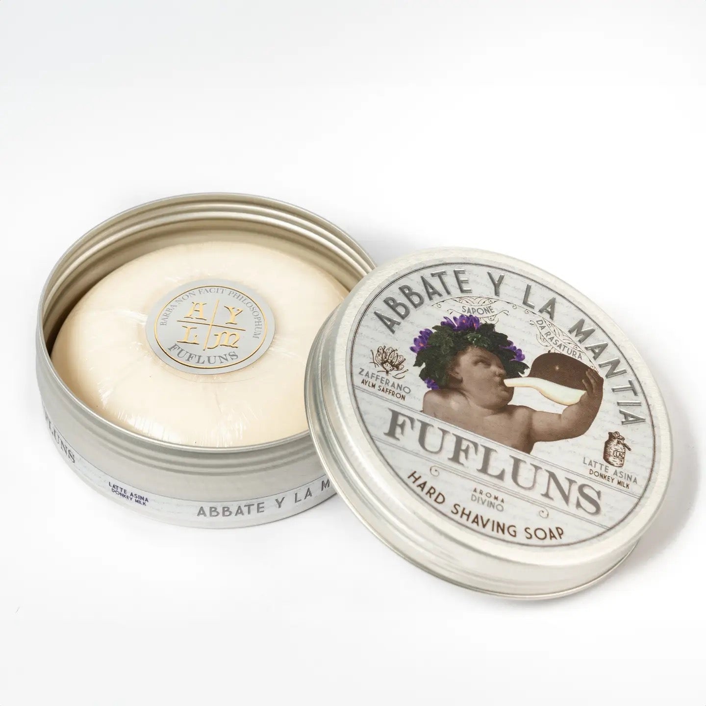Fufluns hard shaving soap in a metal tin with branding on a white background