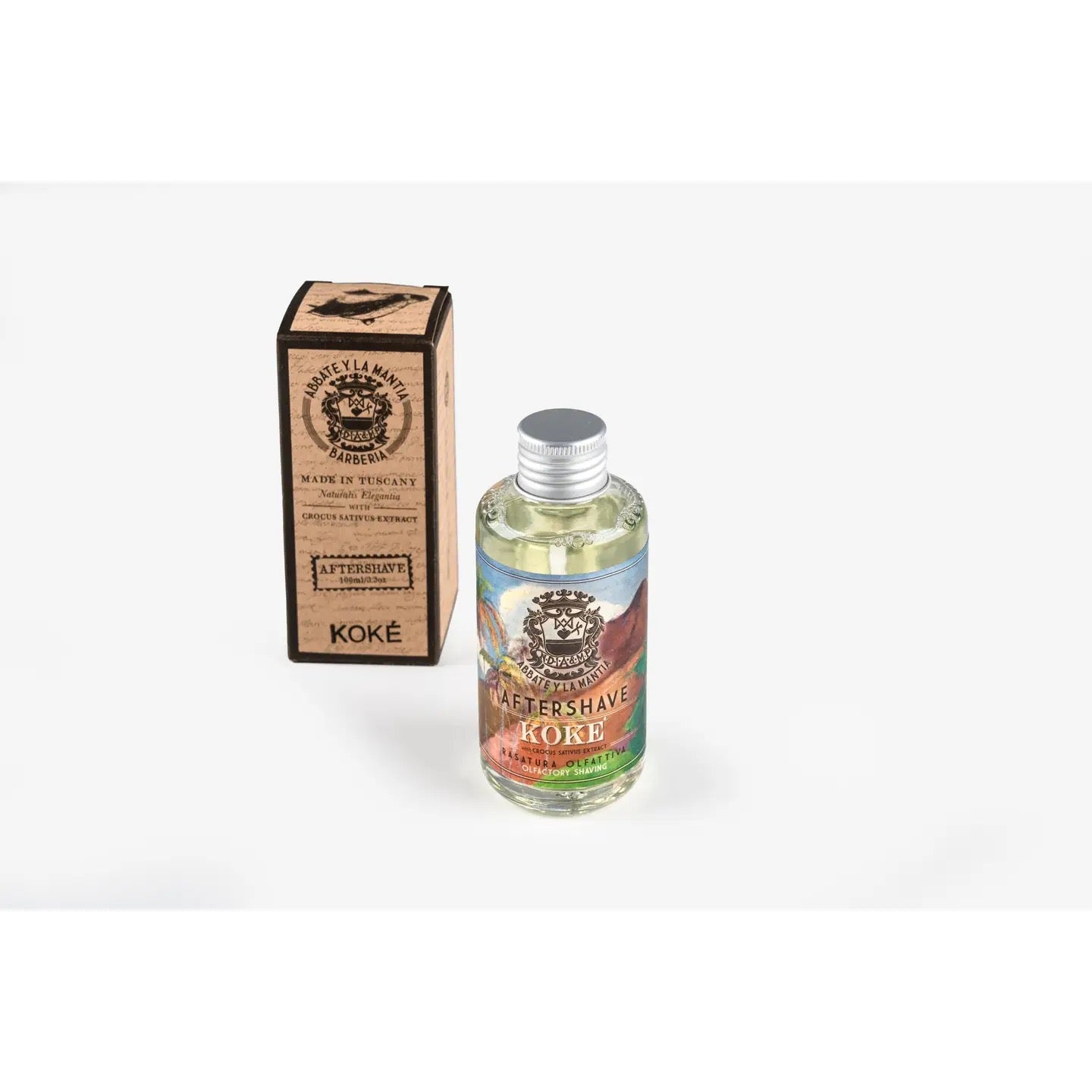 Bottle of Koke aftershave with packaging on a white background