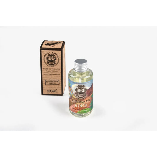 Bottle of Koke aftershave with packaging on a white background