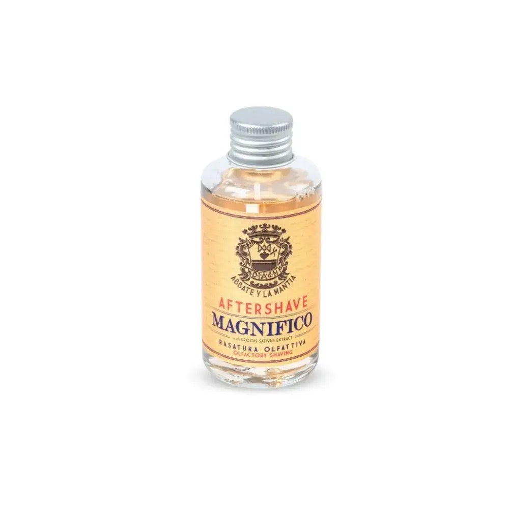 Aftershave bottle labeled 'Magnifico' on a white background