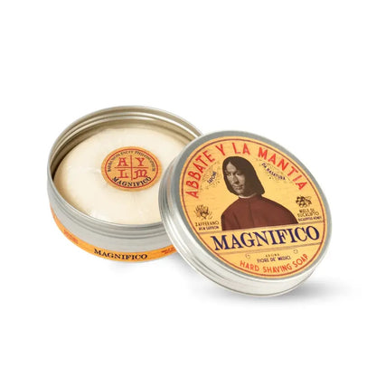 Abbate y La Mantia Magnifico hard shaving soap in a metal tin on a white background